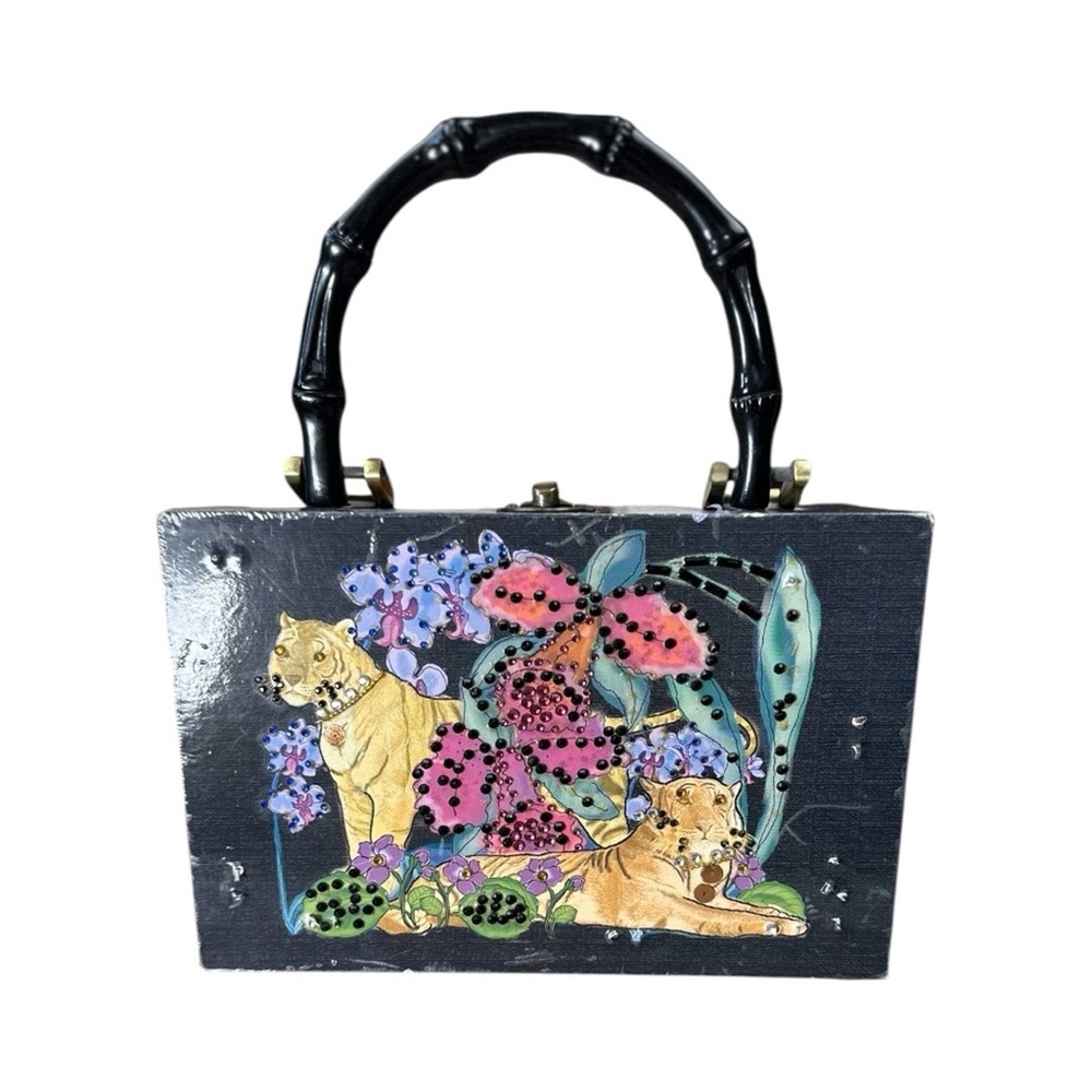 Vintage‎ black with tropical motif , Artistic Shoulder Bag with Bamboo Handle